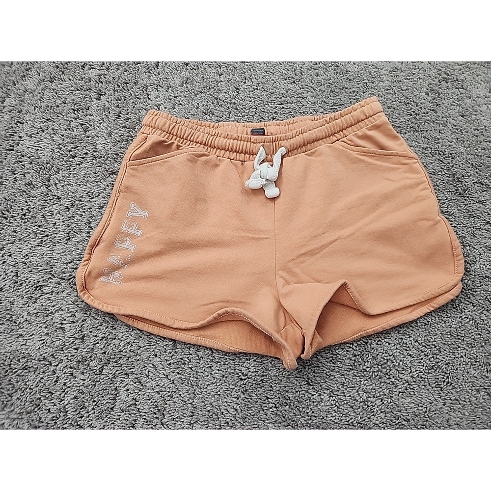 HOT KISS Women's Peach "HAPPY" Graphic Drawstring Sweat Shorts Size L Lounge